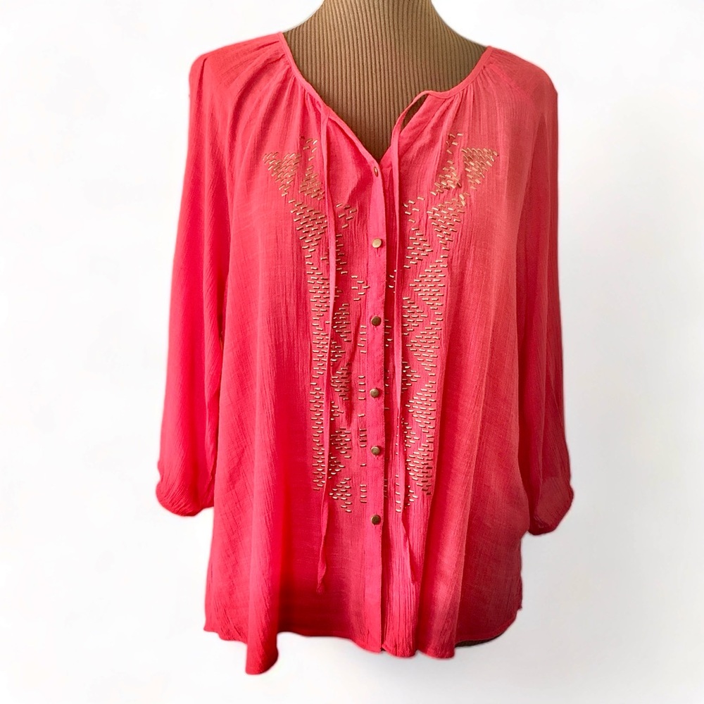 TANZARA Women's 2X Gauze Embellished Loose Button Up Peasant Top Persimmon